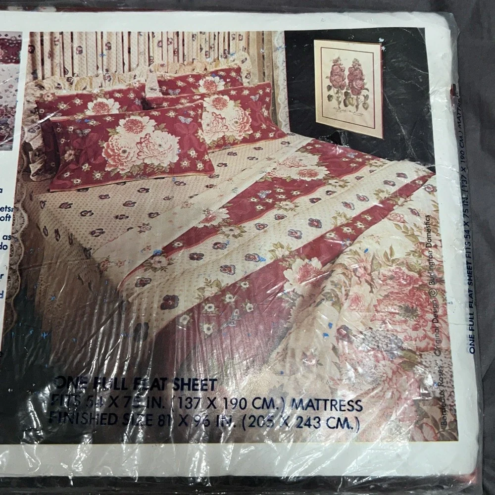 Burlington Caress Bordeaux Roses Floral Vintage Full‎ Flat Sheet Shabby Chic New
